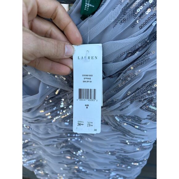 NWT Ralph Lauren Evening Dress, Gray, Ruched with Silver Sequin, V Neck, Sz 8 - Picture 4 of 7